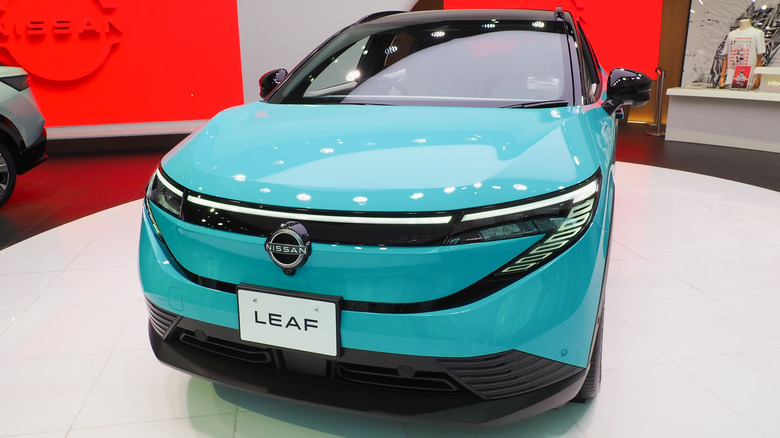 A Nissan Leaf on display at Nissan Crossing in Ginza.