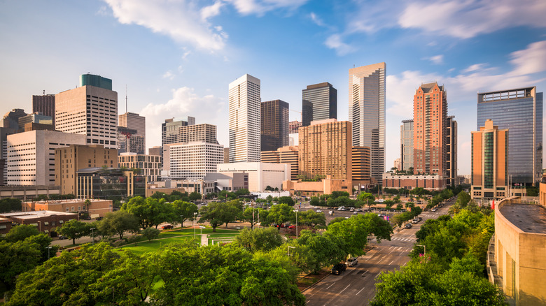The skyline of Downtown Houston at golden hour