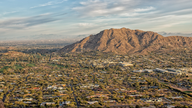 An overhead view of Scottsdale, Arizona's residential area and the surrounding desert