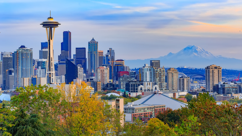 A landscape view of the Seattle skyline with a mountain in the background