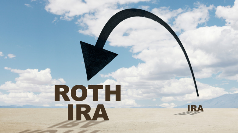 A black arrow jumping from an "IRA" graphic to a "Roth IRA" graphic with a sandy desert background