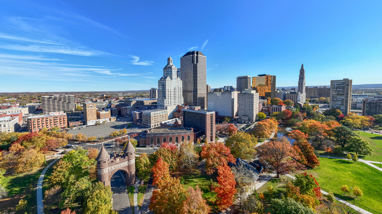 City skyline view of Hartford, Connecticut in autumn