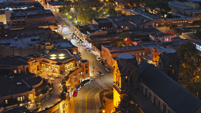 Aerial nightime view of downtown Santa Fe, New Mexico