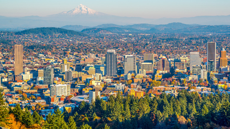 Shot of Portland Oregon and Mount Hood in autumn from distance