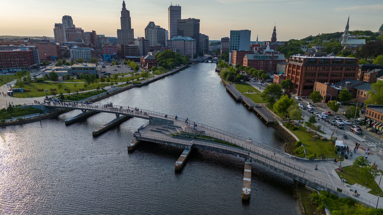 Aerial of Providence Rhode Island with pedestrian bridge over river