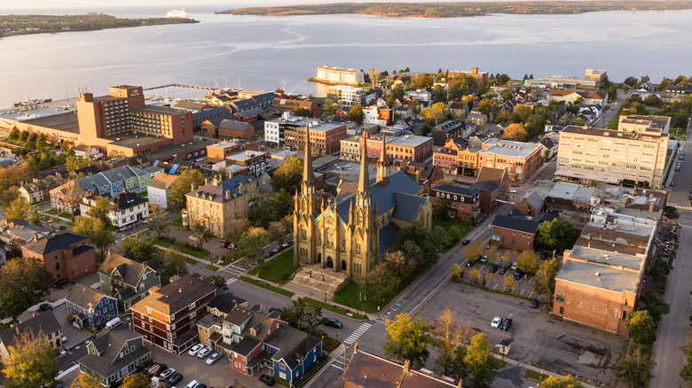 Aerial shot of Charlottetown with water in the background