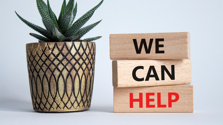 Wooden blocks with words We can help.