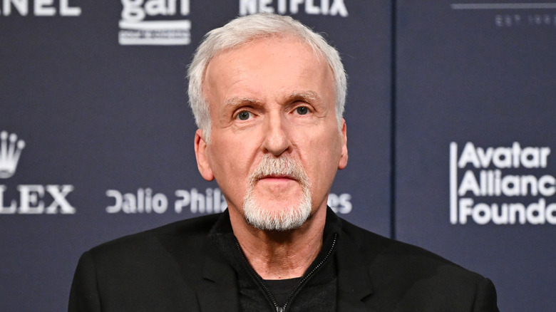 A close-up of James Cameron staring straight ahead.