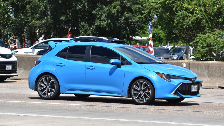 Blue Toyota GR Corolla on Gulf Freeway in Houston, Texas