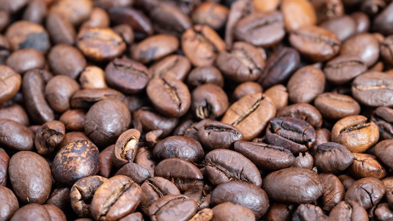 Extensive presentation of roasted coffee beans indicating commercial production and bulk supply methods.