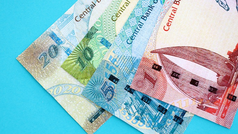 Bahraini dinar money bills in big amount on blue close up.