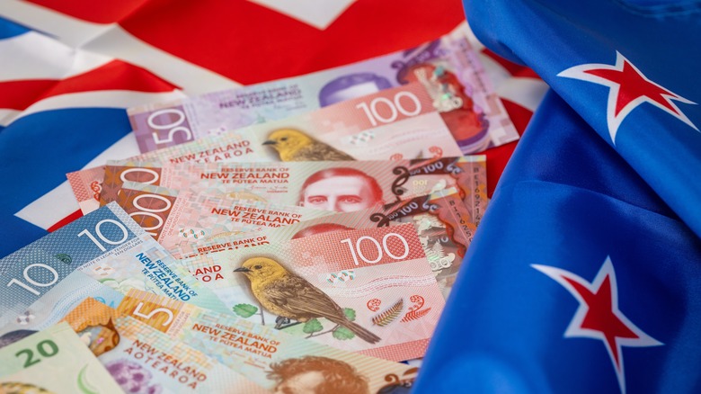 New Zealand Dollars wrapped in New Zealand flag.