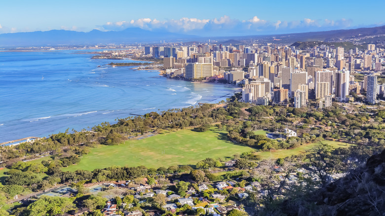 Waikiki Beach and downtown Honolulu
