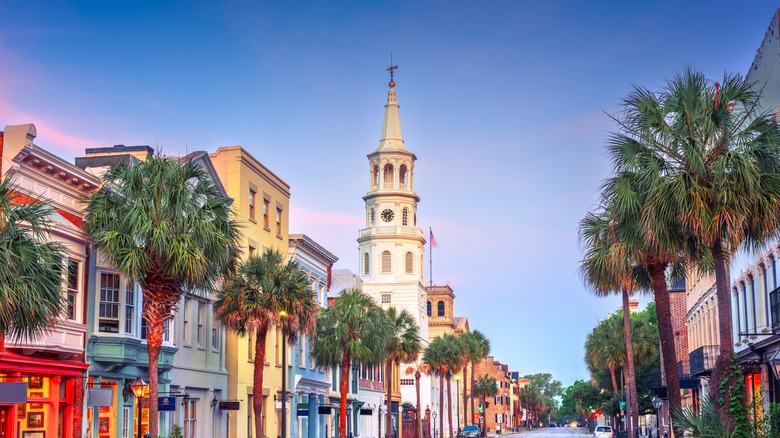 Charleston, South Carolina, USA cityscape in the historic district at twilight