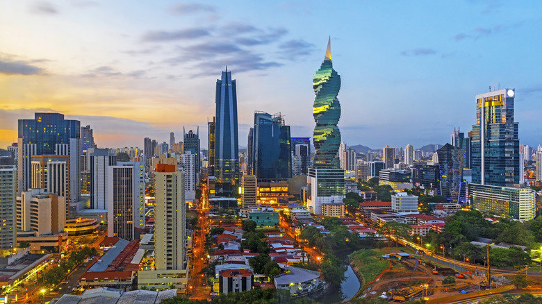 The skyline of Panama City with its skyscrapers in the financial district at sunset, Panama