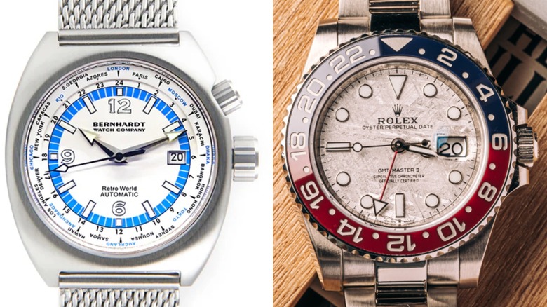 Bernhardt Retro World with turquoise dial accents on left and Rolex GMT Master II with blue and red bezel on right