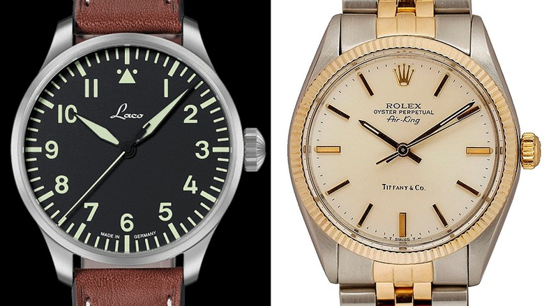 Laco Pilot Watch Basic Augsburg with brown leather strap on left and Rolex Air-King with two-tone accents on right