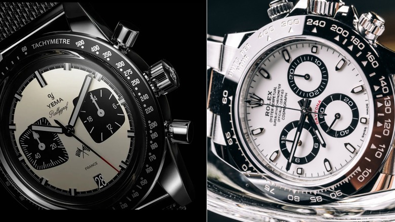 Rallygraf Meca-Quartz Panda on left and Rolex Daytona on right