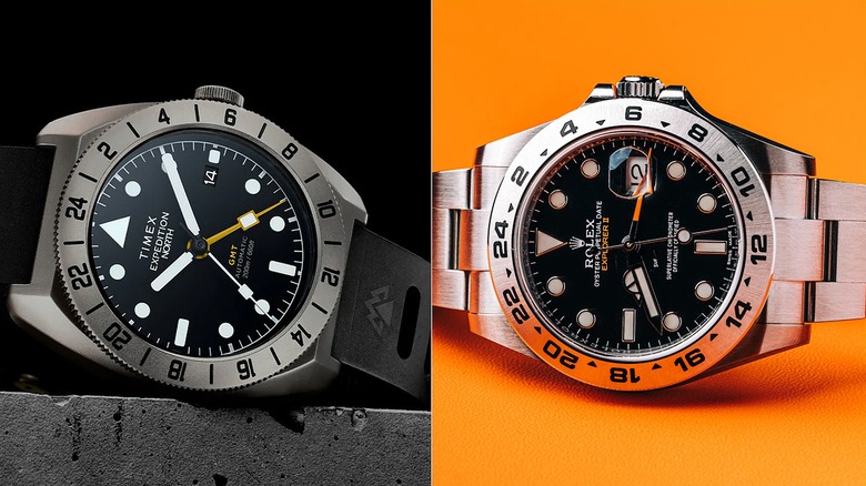 Timex Expedition GMT Titanium Automatic with yellow hand on left and Rolex Explorer II with gold hand on right