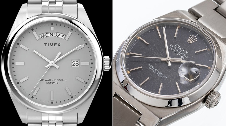 Timex Legacy Day and Date on left and Rolex Datejust on right