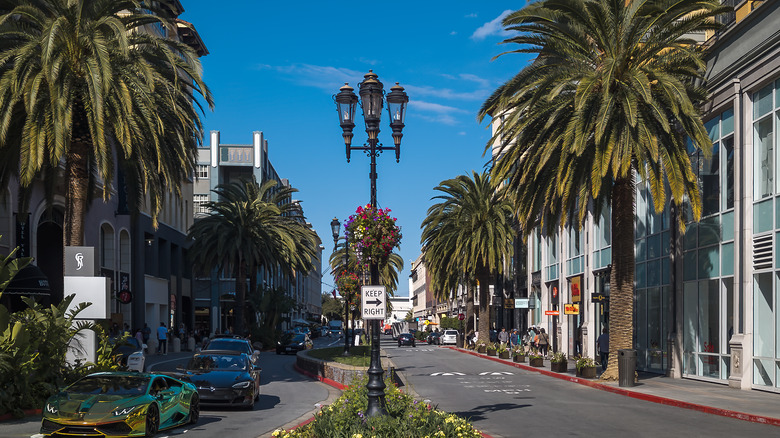 Buildings, palm trees and expensive cars in Santana Row shopping district in San Jose.