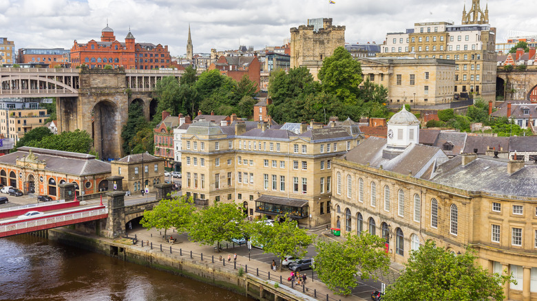 Aerial view over the historic center of Newcastle upon Tyne, England.