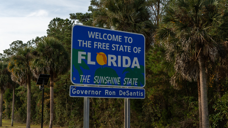 Welcome sign of Florida state the sunshine state with palms and blue sky.