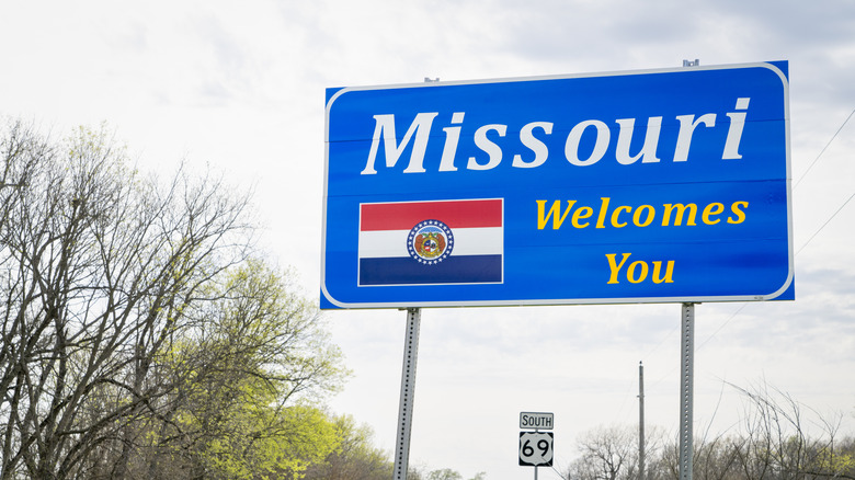 Missouri Welcomes You - a roadside sign on a rural highway near Lamoni, Idaho.