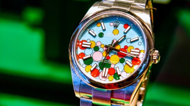 A Rolex Oyster Perpetual watch with a brightly colored Celebration Dial unusual for the brand.