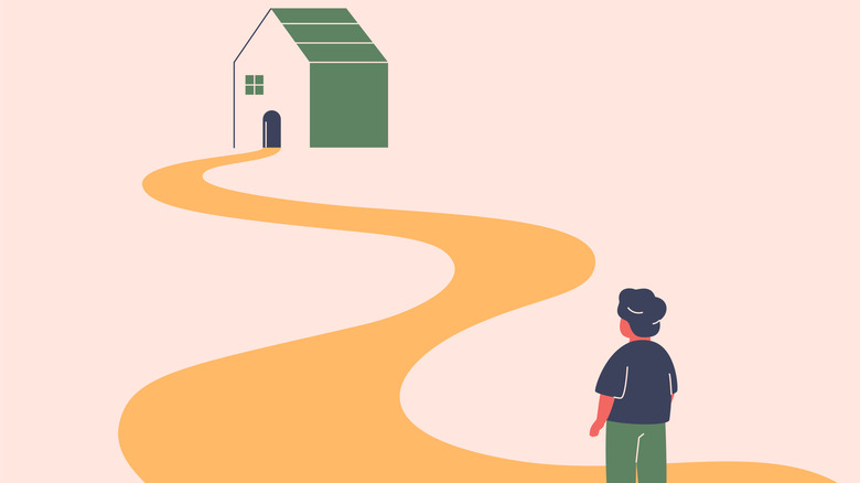drawing of person looking at home at end of long yellow road