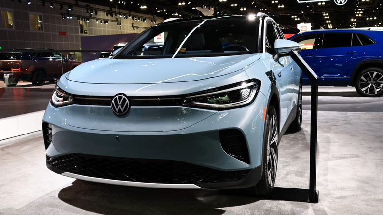A blue 2026 Volkswagen ID.4 on display at the Los Angeles Auto Show