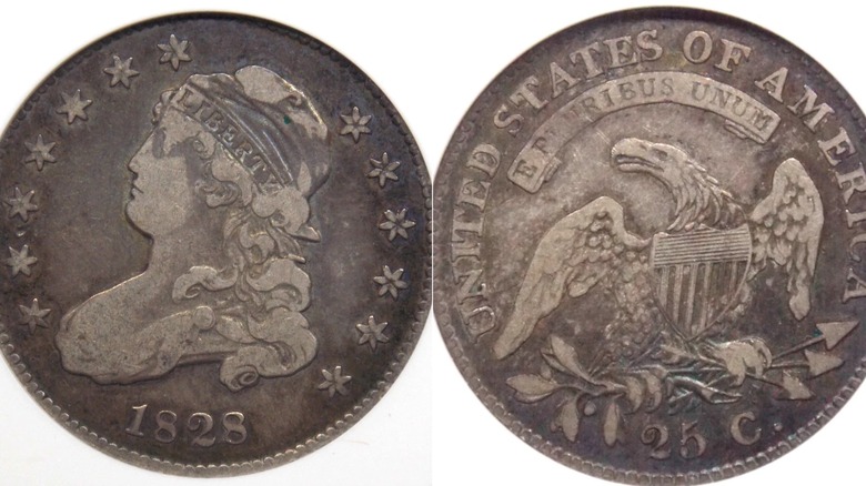 The obverse and reverse sides of an 1828 Capped Bust quarter with the 25-cent correction