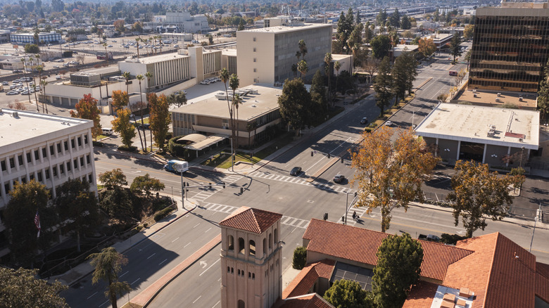 Aerial shot of city of Bakersfield, California during the day