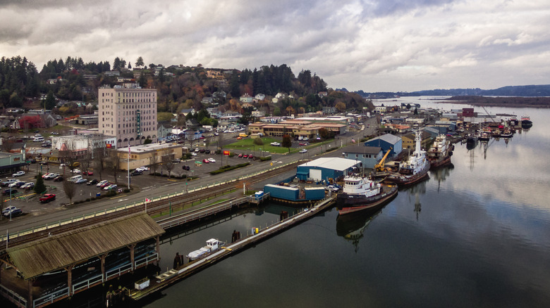 Shot of Coos Bay, with view of the local pier and boats