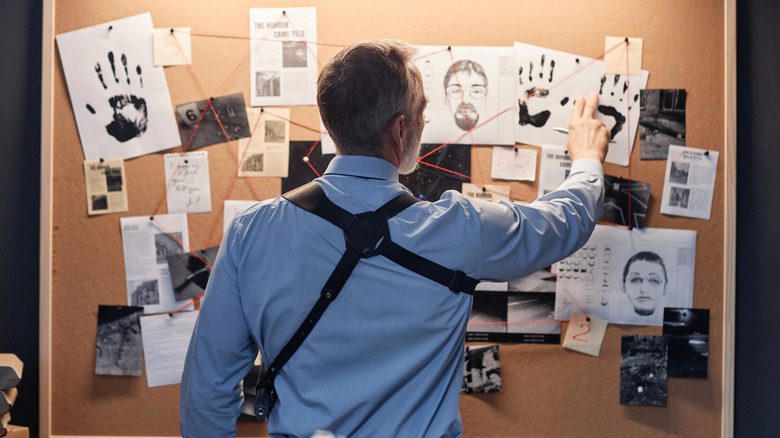 Back view of a detective standing by evidence board
