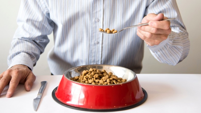 Person dining on dry dog food from pet food bowl at dining table