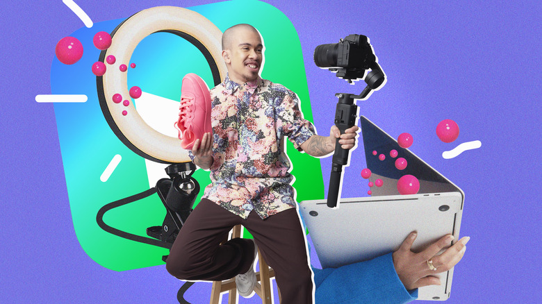 Man live streaming while holding trainer collage