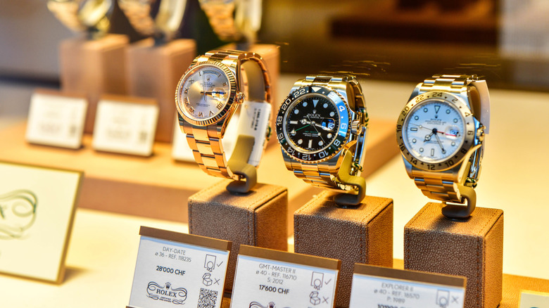 Rolex watches on display in Swiss shop