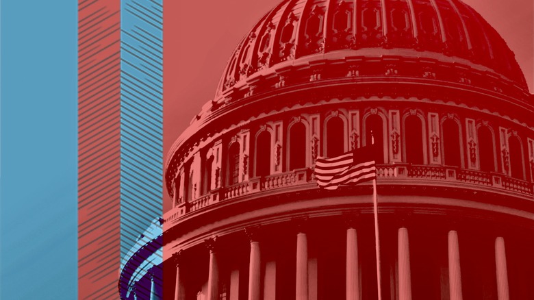Red and blue stripes over a U.S. Capitol building silhouette