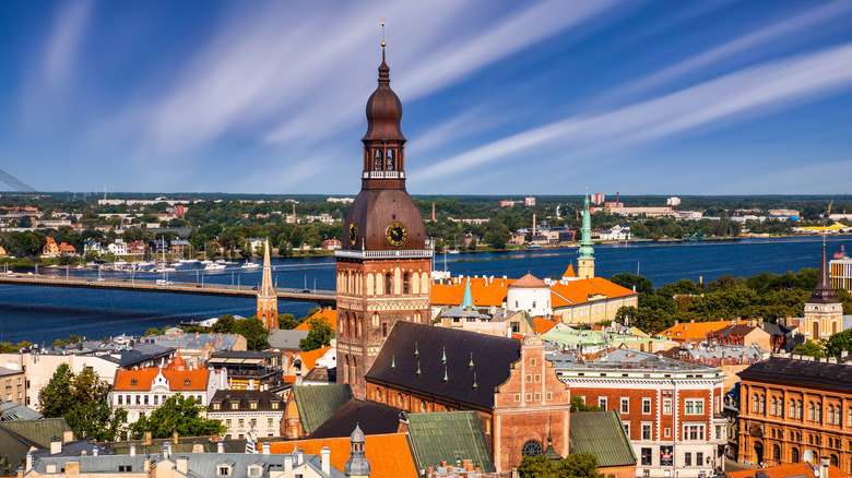 Aerial view of a cathedral in the capital city of Riga, Lativa