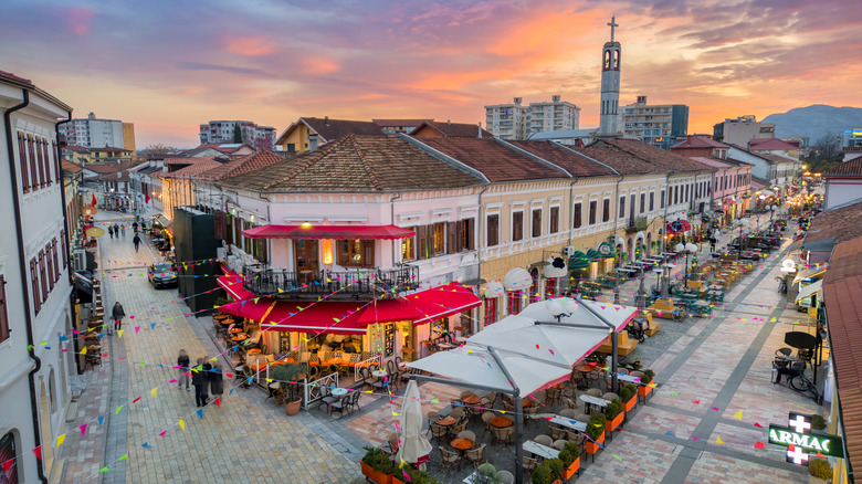 Drone aerial view of Shkoder in Albania at sunset.