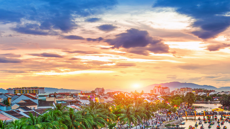 Aerial view of Hoi An ancient town at twilight, Vietnam.