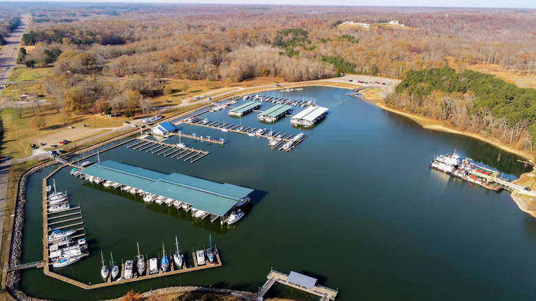 An overhead view of Paris Landing Marina in Paris Tennessee