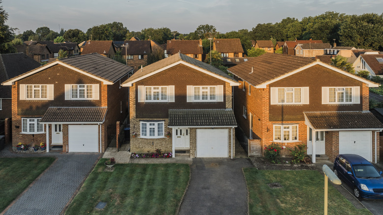 Houses in Surrey UK at sunrise, elevated view, morning light