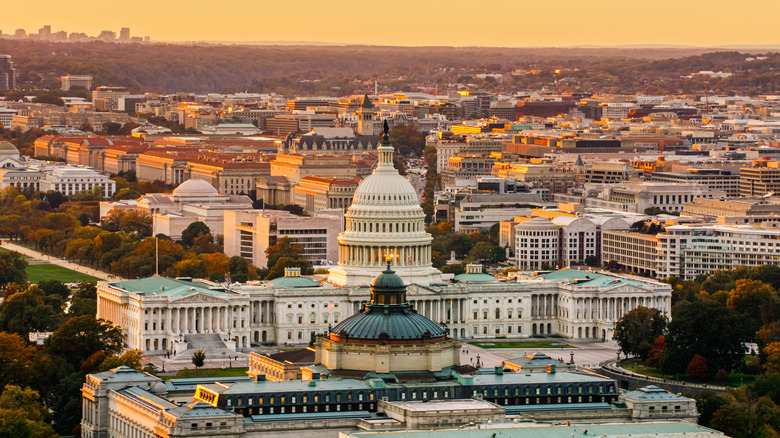 Aerial view of US Capitol at sunset