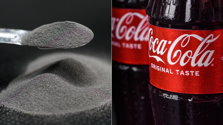 on the left a spoonful of iron powder; on the right a closeup of two bottles of Coca-Cola labeled original taste