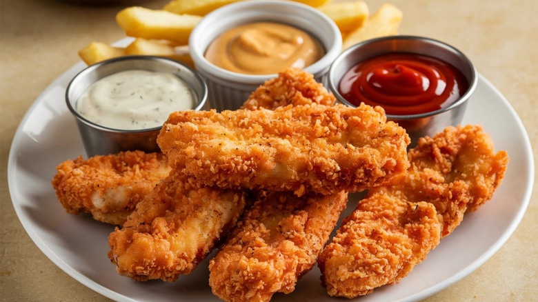 chicken fingers on plate with sauces