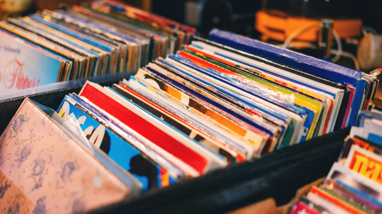 Used vinyl records in crates