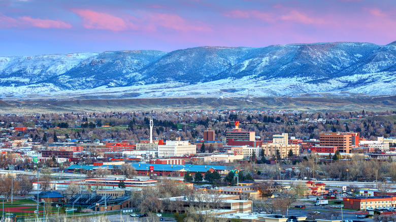 Distant, citywide shot of Casper, Wyoming, with mountains in the background