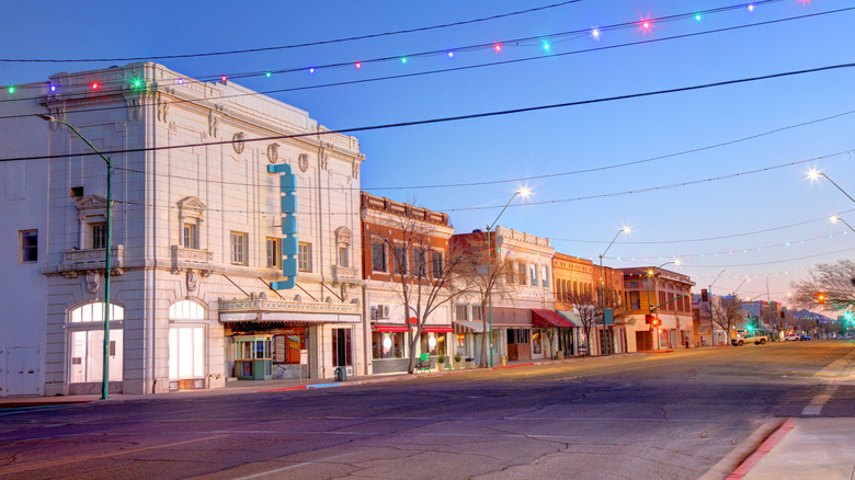 Empty street with row of colorful buildings in Douglas, Arizona